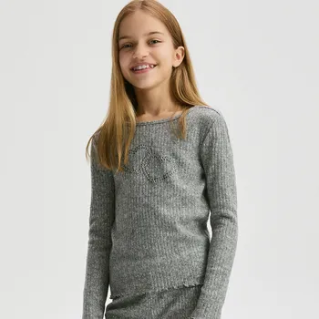 Dívčí tričko Reserved - Žebrované tričko s aplikací - tmavě šedá - 521EG-90X - 521EG-90X-146