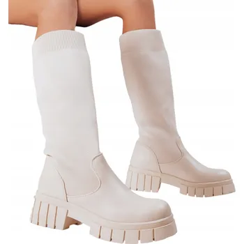 Dámské kozačky Bežové dámské kozačky nad koleno na platformě ZY1242 - Velikost 37