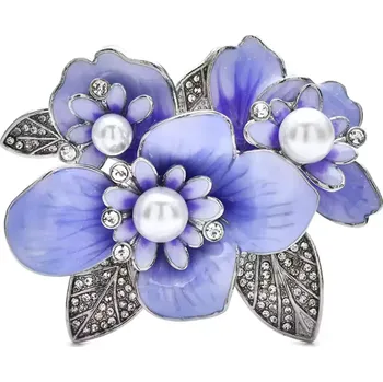 Brož B-TOP Brož ve tvaru tří fialových květů s krystaly a perlami