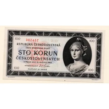 Sběratelství Československo – 100 korun 1945 s. B 40 perforace 3 m.d. svisle