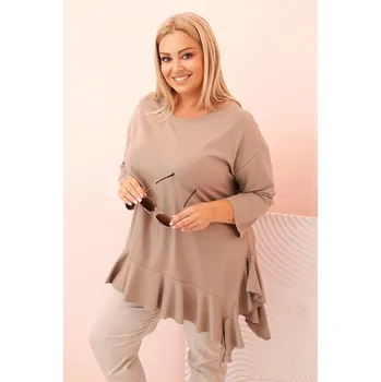Dámské tričko Kesi Dámská blůza Plus Size s bavlnou, kapsou a ohrnutým rukávem kiwi Barva: Béžová - tmavě, Velikost: UNI