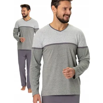 Pánské pyžamo Hotberg GASPAR - klasické šedé pánské pyžamo s dlouhým rukávem a výstřihem do V, velikost XL