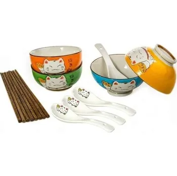 Zahradní dekorace Lachineuse - 4dílná sada misek Maneki Neko s motivem kočky – 4 misky, 4 páry hůlek a 4 lžíce –