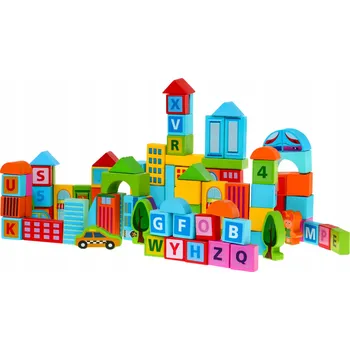 Dřevěná hračka Sada Dřevěných Kostek Město Pro Děti Autíčko Skládání Stavění