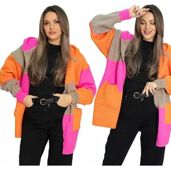 Dámský svetr BRUNE Polský moderní BAREVNÝ oversize kardigan s kapucí a kapsami