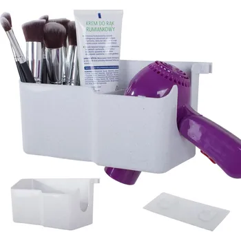 Úložný box VERK GROUP Nástěnný držák na fén s organizérem se 3 přihrádkami a háčky, bílý