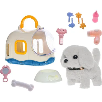 plyšák Pejsek plyšový 19 cm na baterie chodící a štěkající v přepravce Bílý