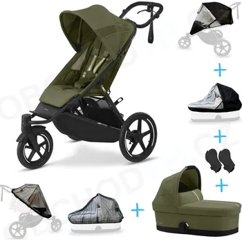 Kočárek Set 6v1 Cybex Avi Spin Moss Green Gold + korbička Cot S Moss Green Gold + adaptéry + pláštěnky Thule + ochranná síť