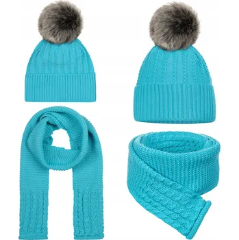 Čepice ZIMNÍ DĚTSKÁ SOUPRAVA PODZIMNÍ ČEPICE S FLEECEM ŠÁLA 42/48 TYRKYSOVÁ