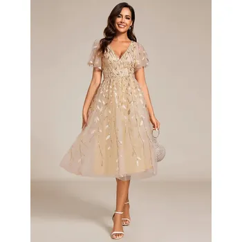 Dámské šaty Ever Pretty šaty midi délka ve zlaté barvě 2230 *Velikost: 6XL / 52 / 20 / 24