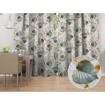 ubrus Dekorační závěs Leona LN-174 Zelené listy na režném 130x140 cm