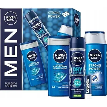 Kosmetická sada NIVEA MEN Strong Power dárková sada gel+deodorant+šampon+balzám na rty