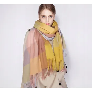 Šála Dámská kašmírová šála s vlnou, růžová šedá žlutá