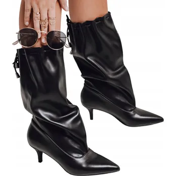 Dámské kozačky Dámské kozačky na podpatku s nařaseným svrškem černé ZY1136 - 38