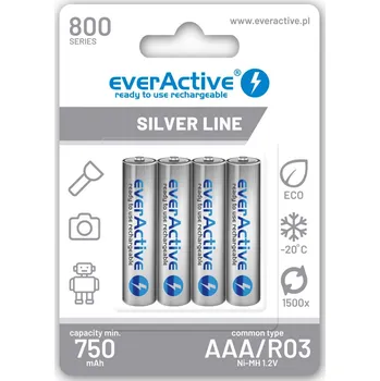 Článková baterie Nabíjecí baterie AAA / R03 everActive Ni-MH 800 mAh připravené k použití Silver line (krabička 4ks)