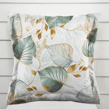 Povlak na polštářek Dekorační povlak na polštář s lemem Leona LN-174 Zelené listy na režném 35 x 45 cm