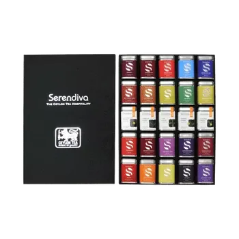 Čaj Dárková sada sypaných čajů SERENDIVA - 25x 15 g - v kovových dózičkách - VELKÁ SADA (dárková kolekce čajů / sypaný čaj / 25x kovová mini dóza / indické a cejlonské čaje / degustační čajová sada)