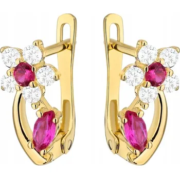 Náušnice Krásné ZLATÉ NÁUŠNICE ryzost 585 Květina se stonkem, bílé a rubínové Zirkony, 14k