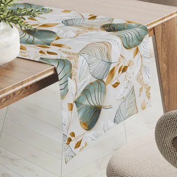 ubrus Dekorační běhoun na stůl Leona LN-174 Zelené listy na režném 20x120 cm
