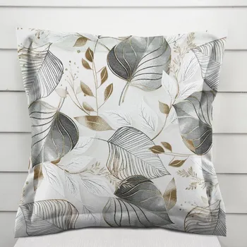 Povlak na polštářek Dekorační povlak na polštář s lemem Leona LN-173 Šedé listy na režném 40 x 60 cm