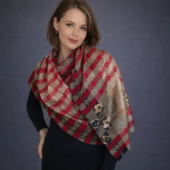 Šátek Dámský šátek 90 x 175 cm Květiny 23-12 - červený