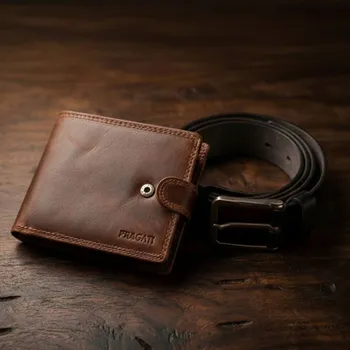 Peněženka Luxusní pánská kožená peněženka na patent hnědá premium kůže Master Pragati Excelent GTI A-18L + černý pánský opasek