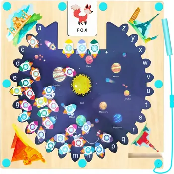 Dřevěná hračka DŘEVĚNÝ MAGNETICKÝ LABYRINT RAKETA ABECEDA VZDĚLÁVACÍ HRAČKA