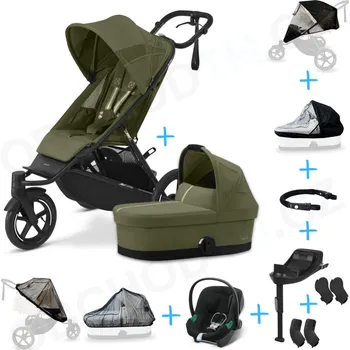 Kočárek Set 10v1 Cybex Avi Spin Moss Green Gold + korbička Cot S Moss Green Gold + autosedačka Cybex s ISOFIX základnou + adaptéry + pláštěnky + ochranná síť + madlo