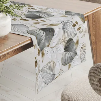ubrus Dekorační běhoun na stůl Leona LN-173 Šedé listy na režném 20x140 cm