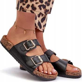 Dámské pantofle NAZOUVÁKY NA KORKOVÉ PLATFORMĚ S EKO KOŽENÝMI SPONAMI, ČERNÉ, VELIKOST 38