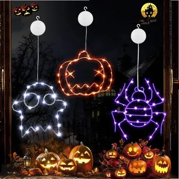 Party dekorace Joomer Halloween venkovní dekorace na okno, 3dílná bateriová okenní světla: oranžové dýně, fialový