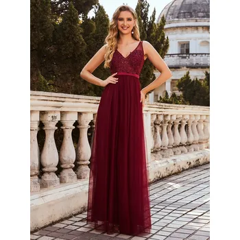 Dámské šaty Ever Pretty dlouhé společenské bordo tylové šaty 930 *Velikost: M / 38 / 06 / 10