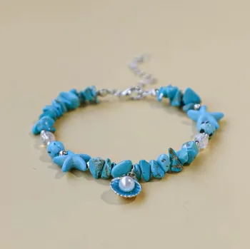 Náramek Modrý náramek s mušličkami a kameny, ruční výroba - Summer Shells