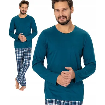 Pánské pyžamo Hotberg LEO - moderní tyrkysové pánské pyžamo s kostkovanými kalhotami L