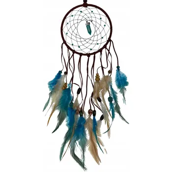 Lapač snů Lapač snů 60 cm s tyrkysovým krystalem – hnědý, peří, ochranný amulet