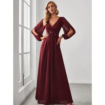 Dámské šaty Ever Pretty Šaty na ples vínové dlouhé s rukávy 0461 *Velikost: XXXL / 46 / 14 / 18