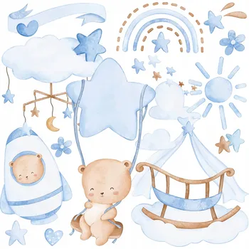 Obraz NÁLEPKY NA ZEĎ PRO DĚTI MEDVÍDCI MODRÉ OBLÁČKY RAKETA BOHO SADA