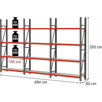 Dílenský regál Skladový regál FORTIS, 12policový, výška 200 cm, délka 484 cm, hloubka 60 cm