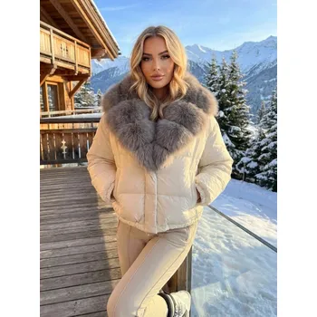 Dámská prošívaná bílá péřová bunda s pravou kožešinou, VELIKOST S
