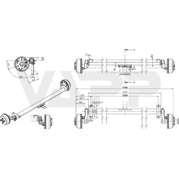 Přívěs k motorovému vozidlu Náprava KNOTT GB 13 (1350 kg) b=1250 mm, c=1700 mm, 200x50, 100x4, kovaná ramena