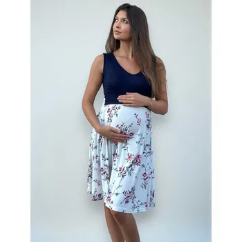 Těhotenská móda Letní těhotenské a kojící šaty Flores 3v1 - modro bílé s květinami Velikost: L
