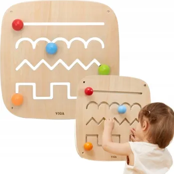 Dřevěná hračka DŘEVĚNÁ SENZORICKÁ MANIPULAČNÍ DESKA LABYRINT BAREVNÉ KULIČKY VIGA