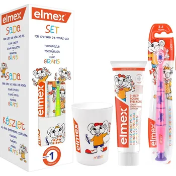 zubní pasta Elmex dětský set zubní pasta, zubní kartáček a kelímek 3-6 let - růžový