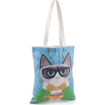 Nákupní taška Textilní taška bavlněná kočka 34x40 cm, velké, 2 modrá azuro brýle