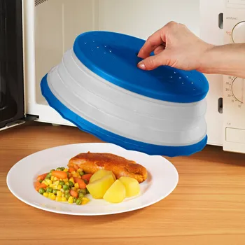 Dóza na potraviny Skládací kryt do mikrovlnky Průměr 27 cm, výška 8,5 cm, složený 2 cm.