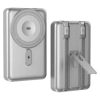 Powerbanka MagSafe powerbanka s nabíjením Apple Watch, se stojánkem a integrovanými kabely USB-C a Lightning, 10000 mAh, stříbrná