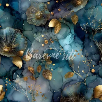 Galanterie Teplákovina, Tmavě modrý mramor se zlatými rostlinkami (E) z 3m (Kvalitní teplákovina Bella)