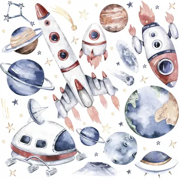 Obraz NÁLEPKY NA ZEĎ PRO DĚTI VESMÍR RAKETY PLANETY HVĚZDY BOHO SET