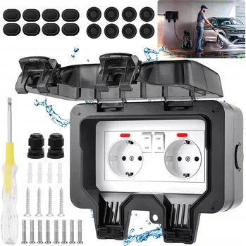 Elektrická zásuvka DVOJITÁ VENKOVNÍ ZÁSUVKA ELEKTRICKÁ ZAHRADNÍ VODOTĚSNÁ 250V IP66