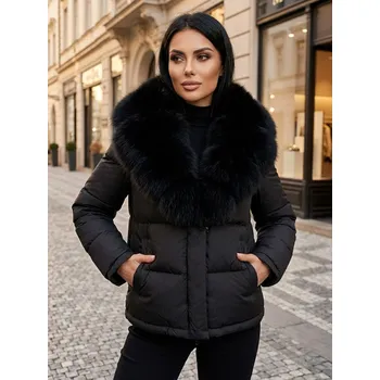 Dámská bunda Dámská krátká černá péřová bunda s kožešinou z pravé lišky, VELIKOST M